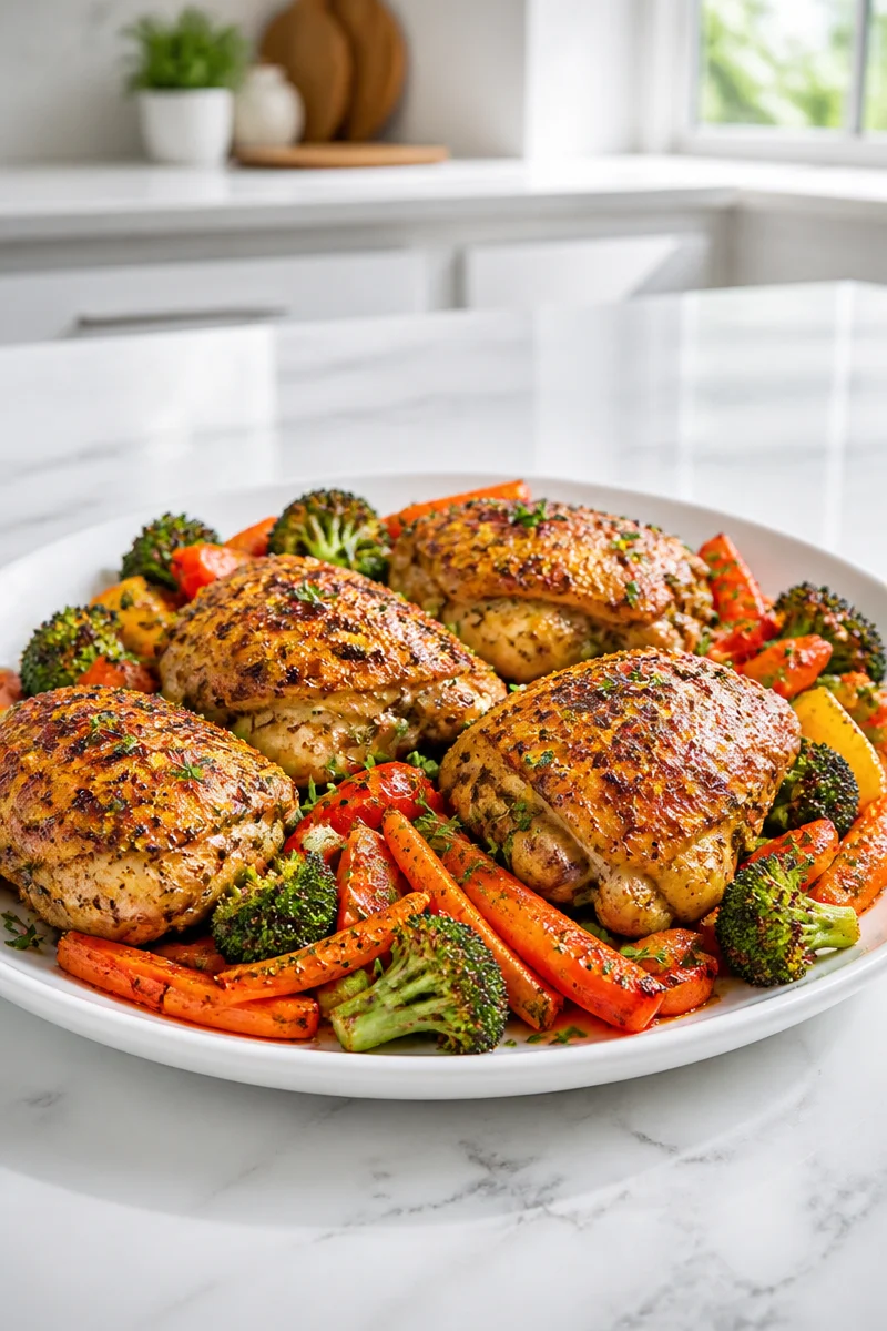 Delicious sheet pan baked chicken alongside colorful roasted vegetables.