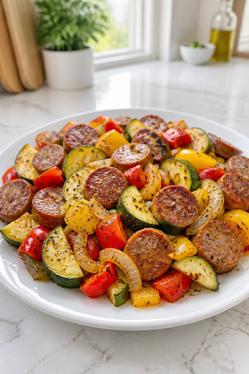 Sheet pan beef sausage with roasted vegetables for a quick and tasty dinner.