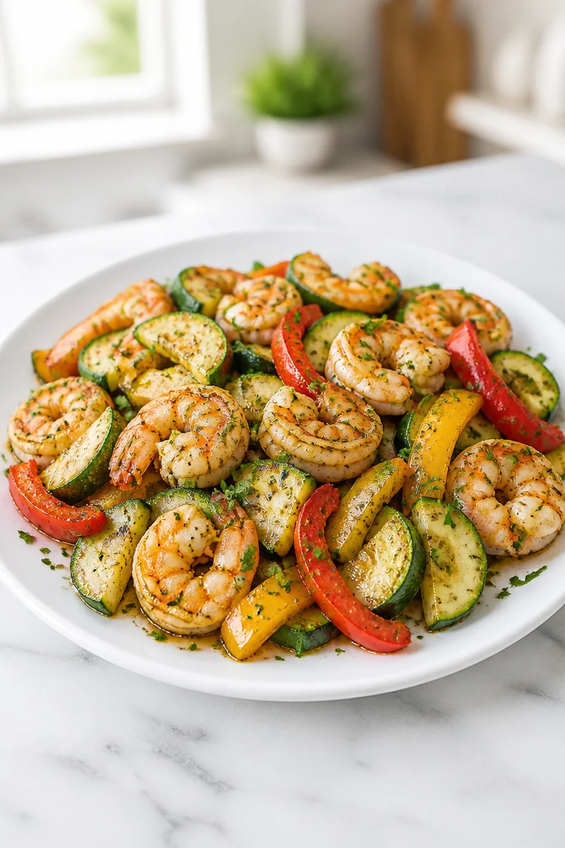 Sheet pan garlic herb shrimp with zucchini and bell peppers fresh from the oven