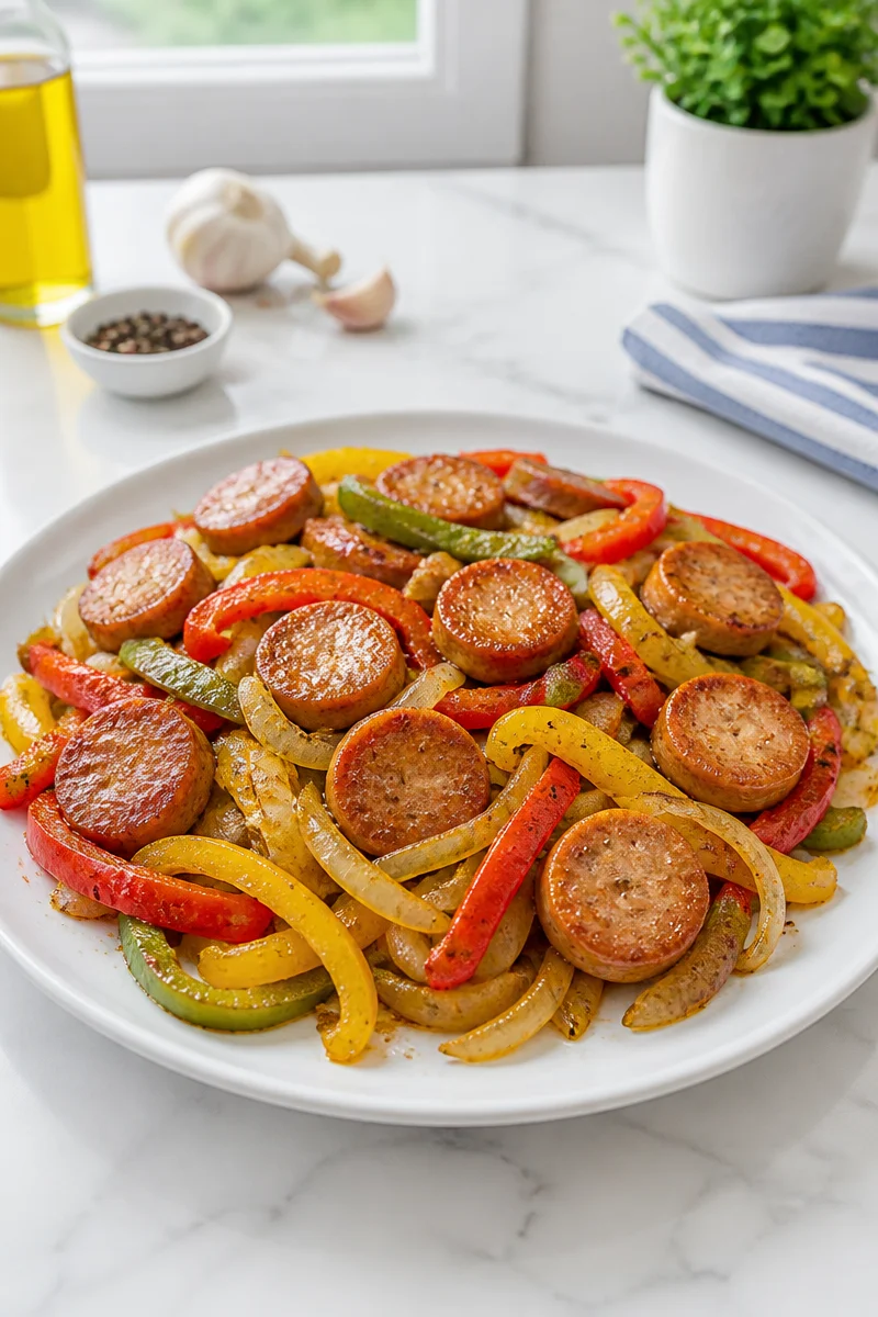 Sheet pan dinner with halal turkey sausage and vegetables
