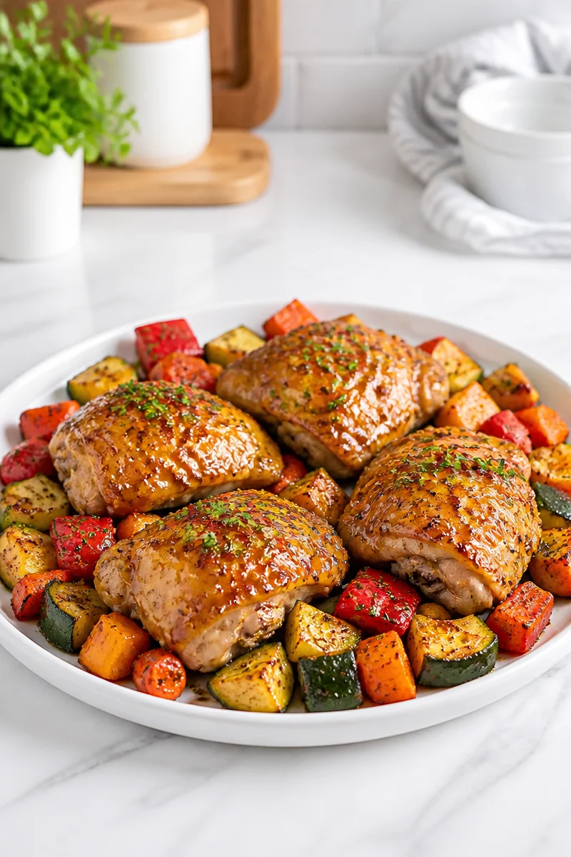 Sheet Pan Honey Mustard Chicken with colorful roasted vegetables