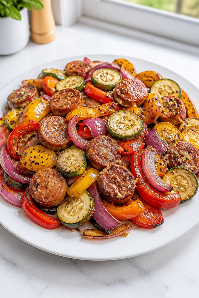 Sheet pan sausage with colorful summer vegetables ready for a delicious meal.
