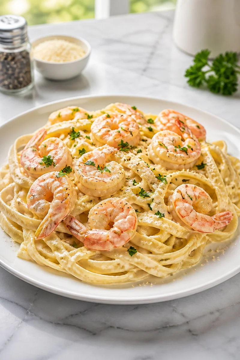 Shrimp Fettuccine Alfredo with garlic and Parmesan served in a bowl