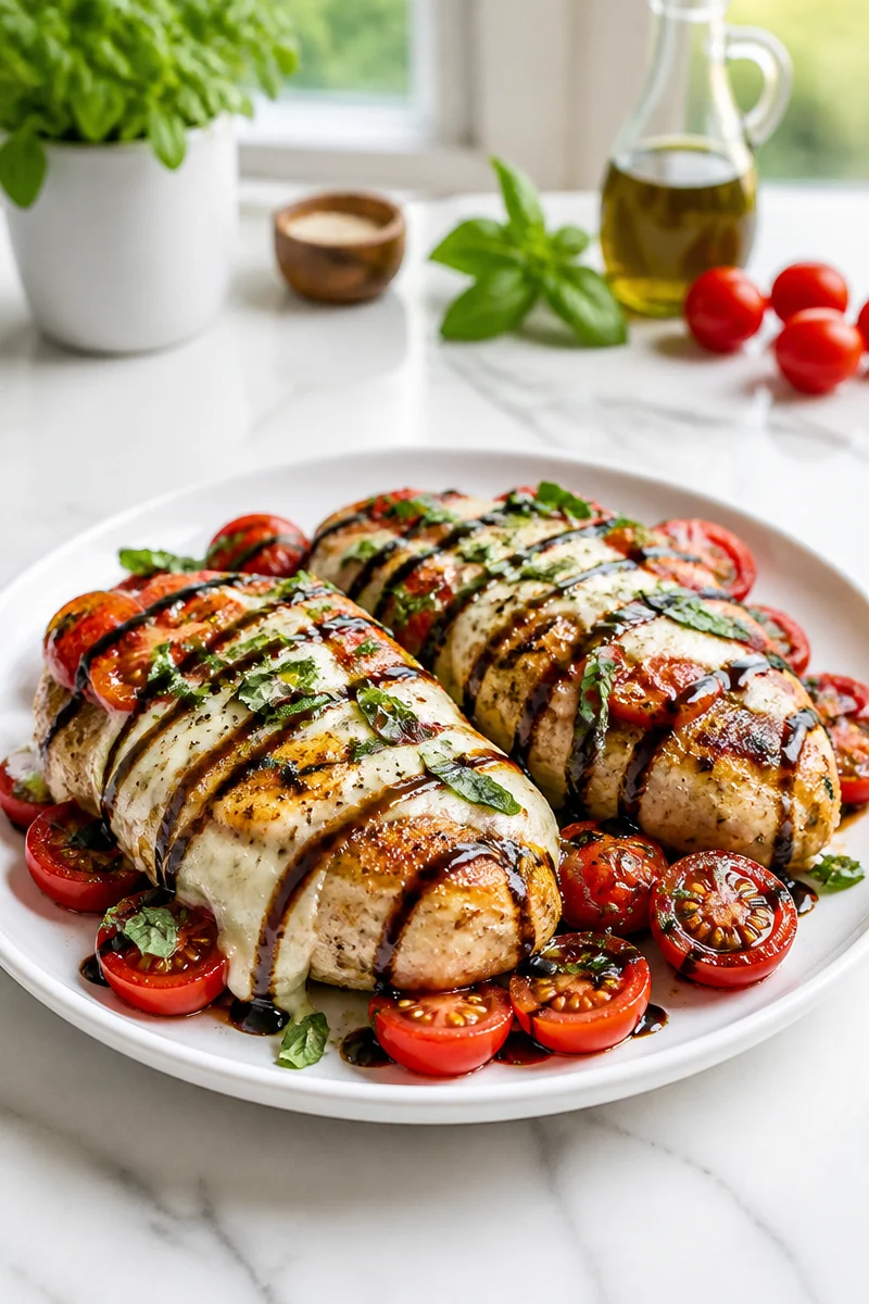 Skillet dish featuring Caprese Chicken with tomatoes and mozzarella