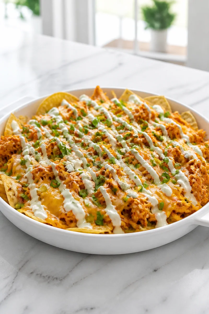 Skillet Buffalo Chicken Nacho topped with ranch dressing and melted cheese