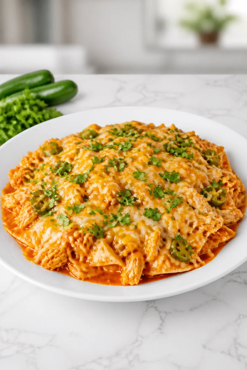 Skillet Cheesy Jalapeno Cream Chicken Enchilada served in a skillet