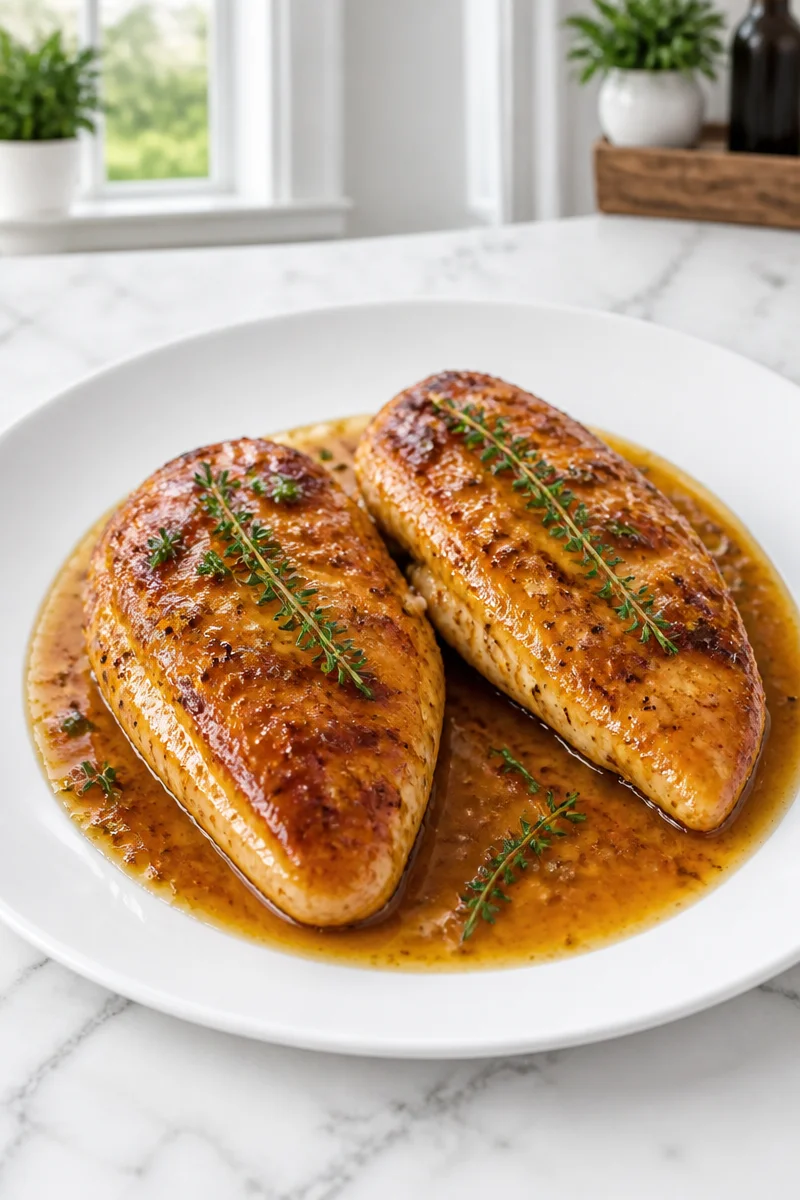 Skillet seared apple cider glazed chicken breast in a pan garnished with herbs