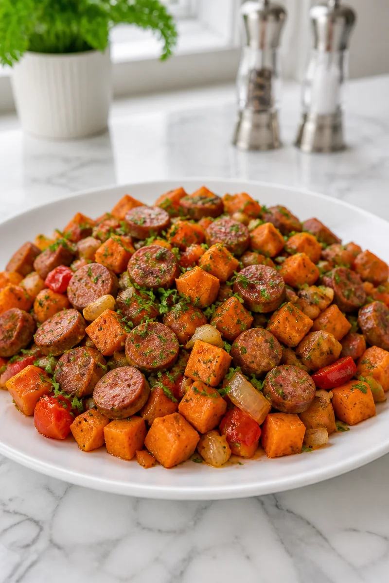 Skillet sweet potato and turkey sausage hash served in a frying pan
