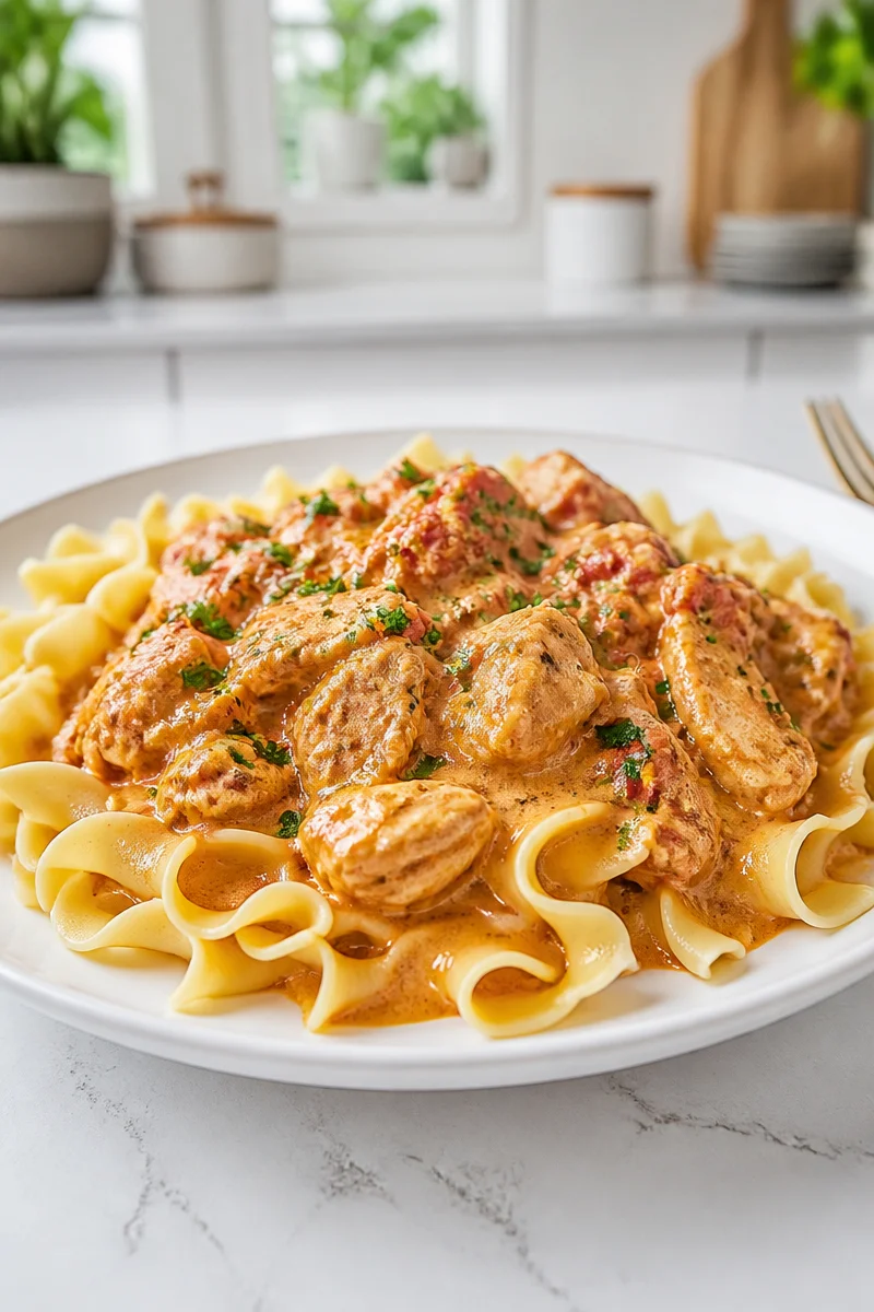 Slow Cooker Authentic Hungarian Chicken Paprikash garnished with paprika and herbs