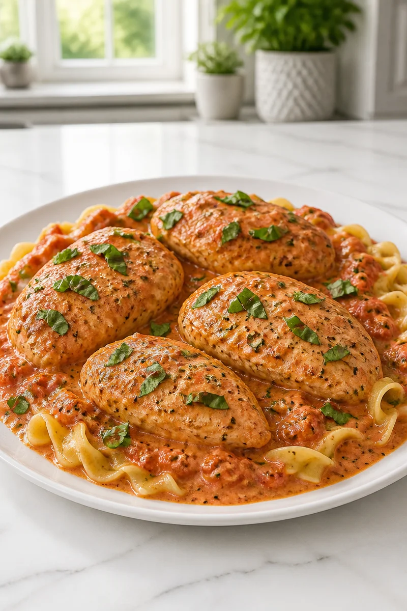Delicious creamy tomato basil chicken in a slow cooker