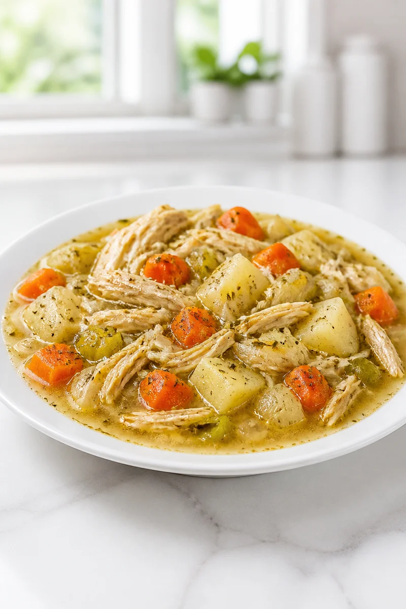 Bowl of slow cooker hearty chicken stew with vegetables and herbs