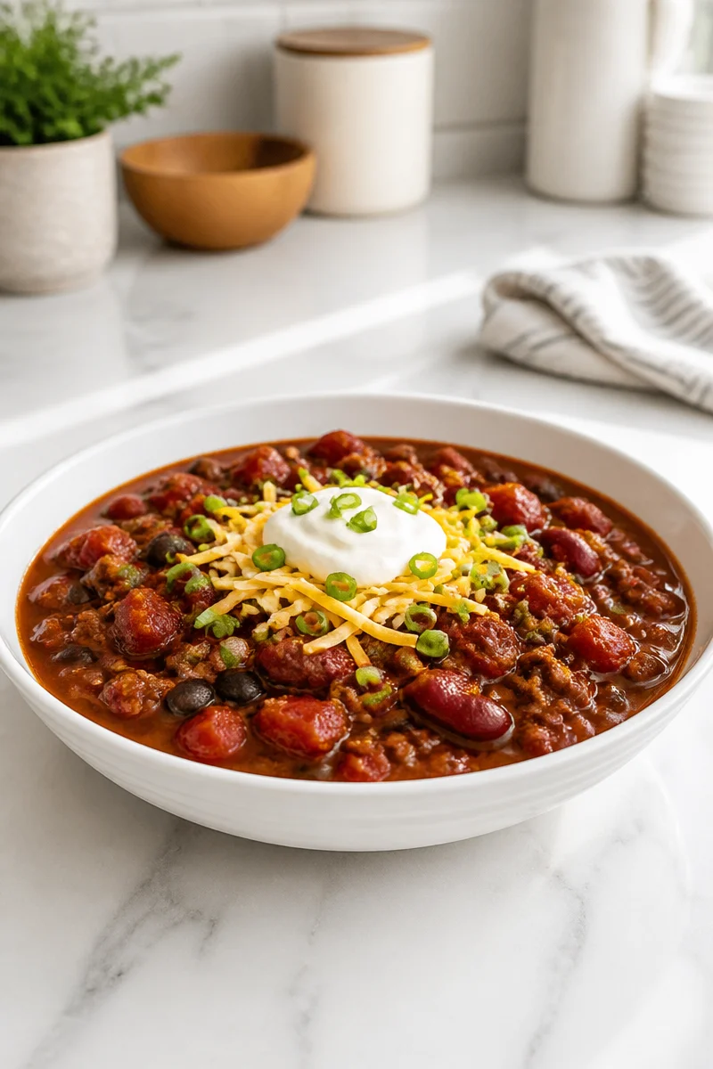Slow cooker hearty ground beef chili dinner served in a bowl