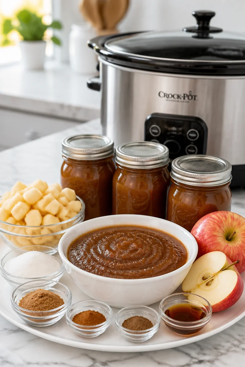 Homemade spiced apple butter in a slow cooker with fresh apples and spices.