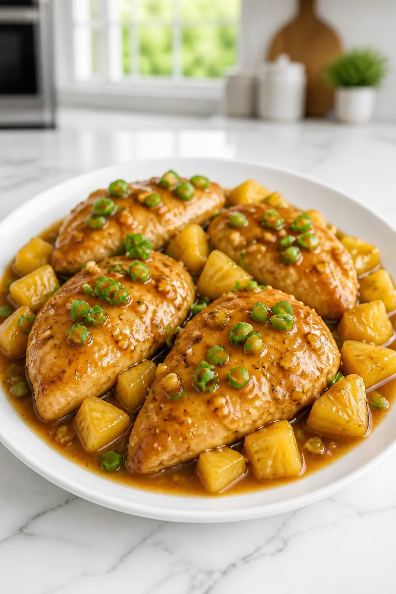 Slow Cooker Pineapple Honey Garlic Chicken served on a plate with garnishes.