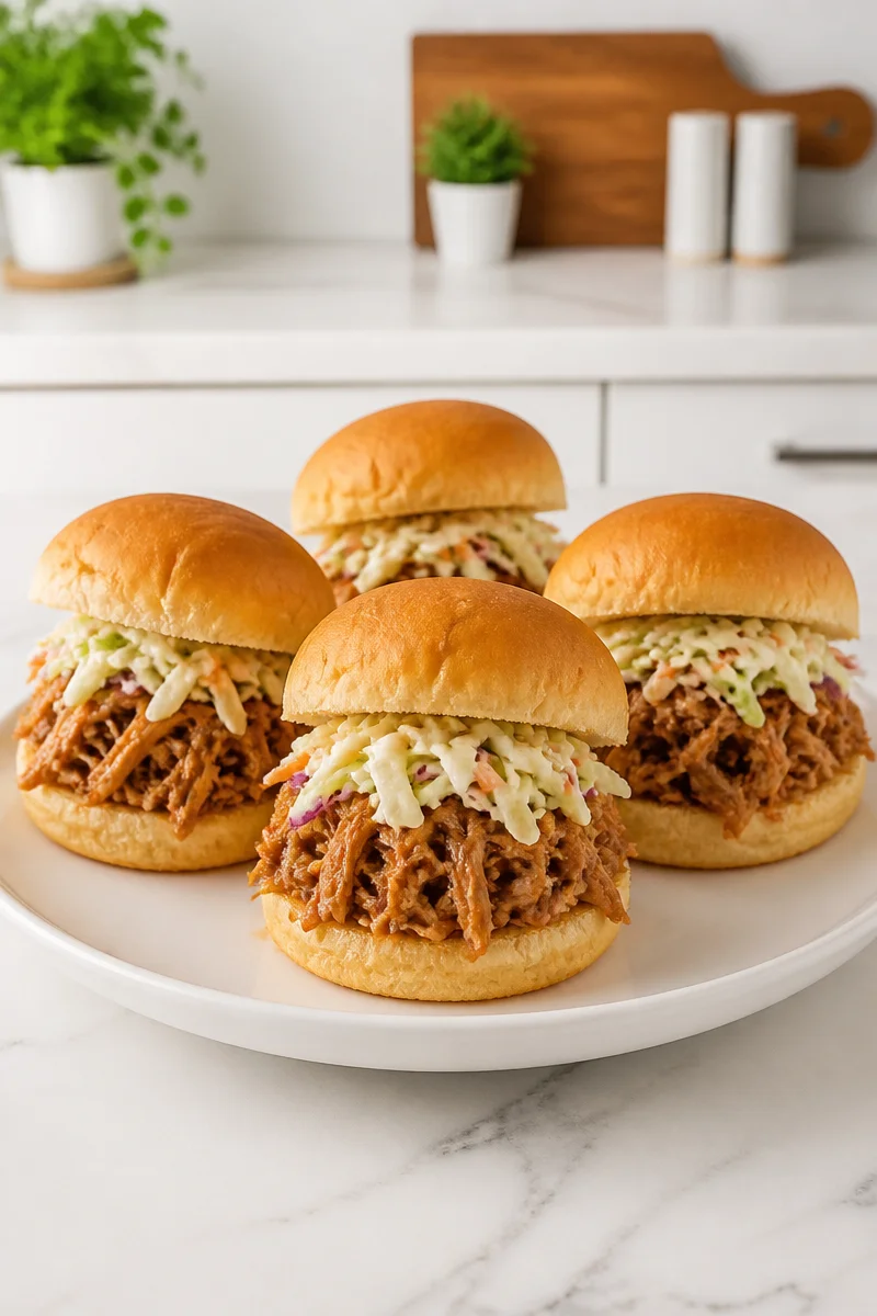 Slow-cooker pulled pork sliders topped with vibrant slaw on a plate.