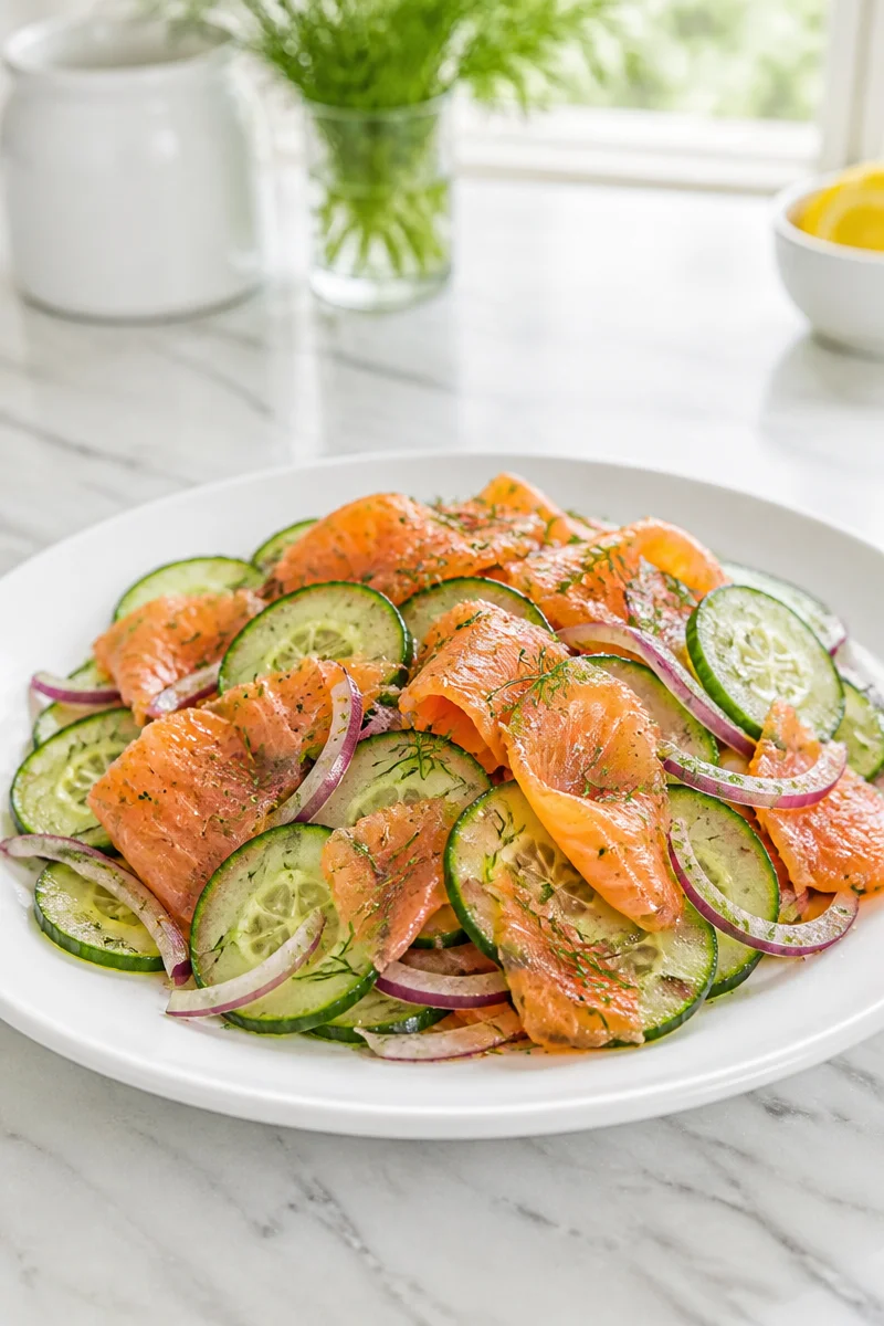 Smoked salmon salad with cucumber and dill in a bowl.