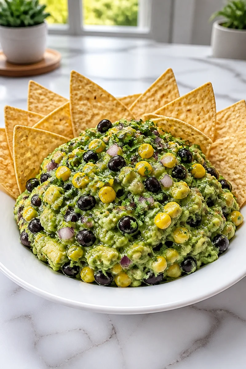 Delicious smoky roasted corn and black bean guacamole served with tortilla chips