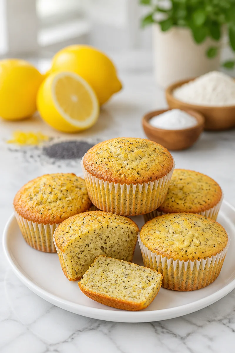 Soft almond flour lemon poppy seed muffin on a rustic table