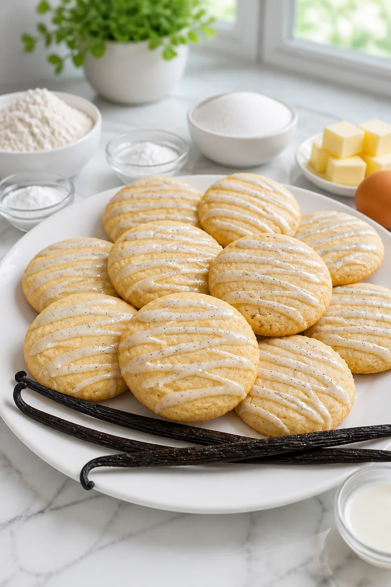 Delicious soft sugar cookies with vanilla bean glaze on a plate