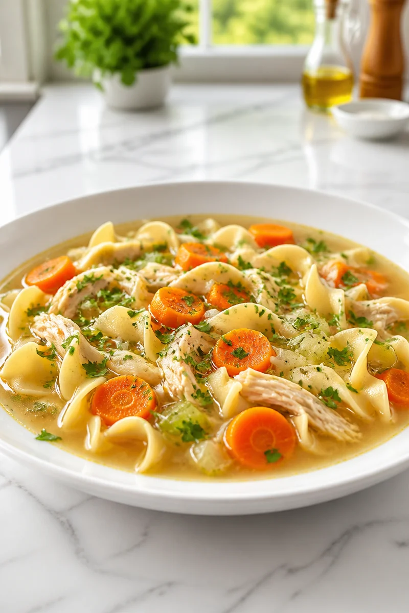 Bowl of homemade chicken noodle soup with fresh vegetables and herbs