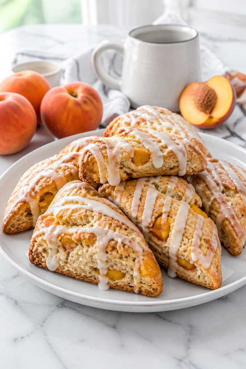 Sourdough discard peach cobbler scones with vanilla drizzle on a plate