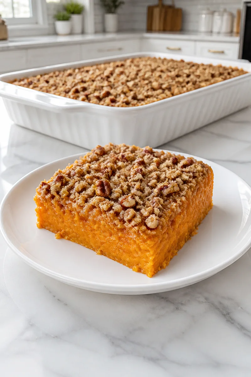Southern style sweet potato casserole topped with crunchy pecan crumb topping.