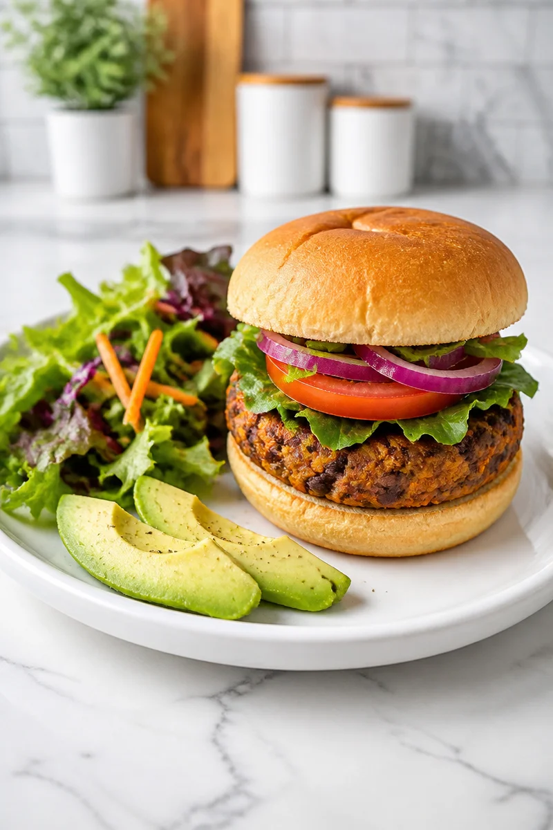 Homemade spicy black bean and sweet potato patty on a plate