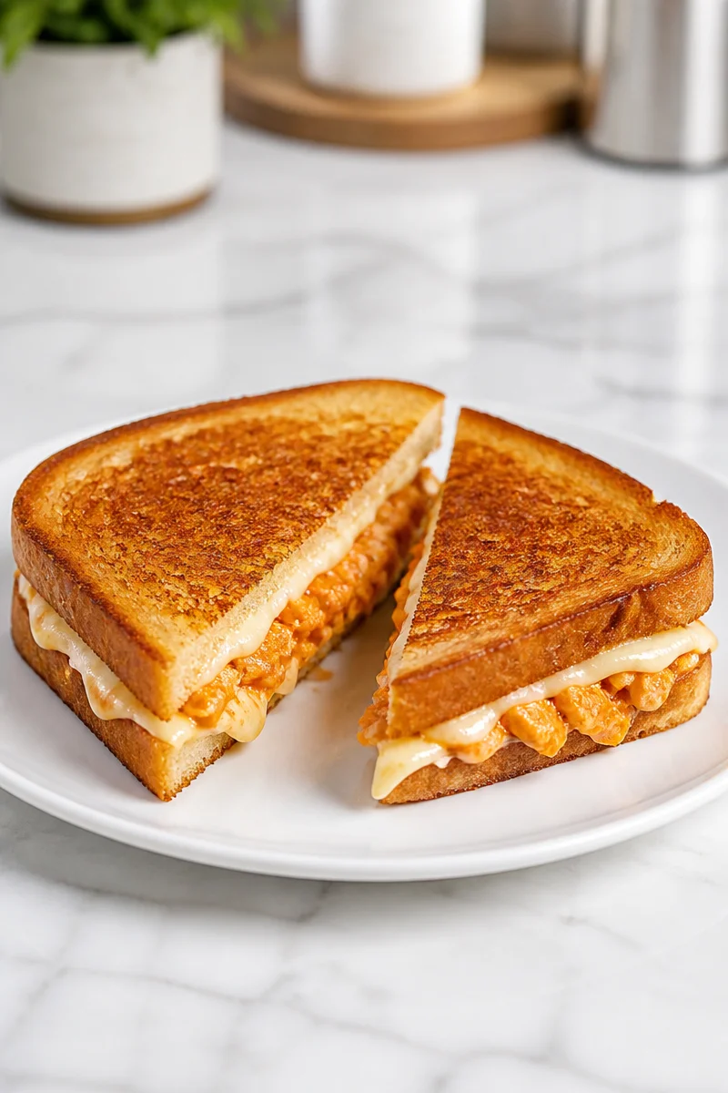 Spicy Buffalo Chicken and Provolone Grilled Cheese sandwich with melted cheese and toppings.