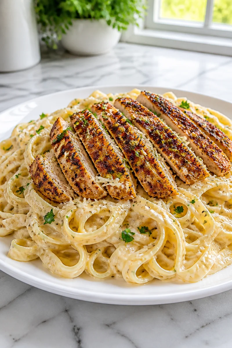 Spicy Cajun grilled chicken pasta Alfredo garnished with fresh herbs.