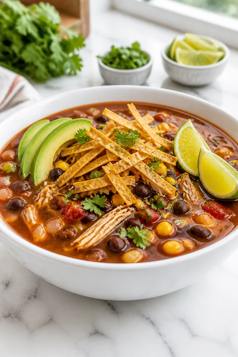 Spicy Crockpot Black Bean Chicken Tortilla Soup in a bowl with toppings