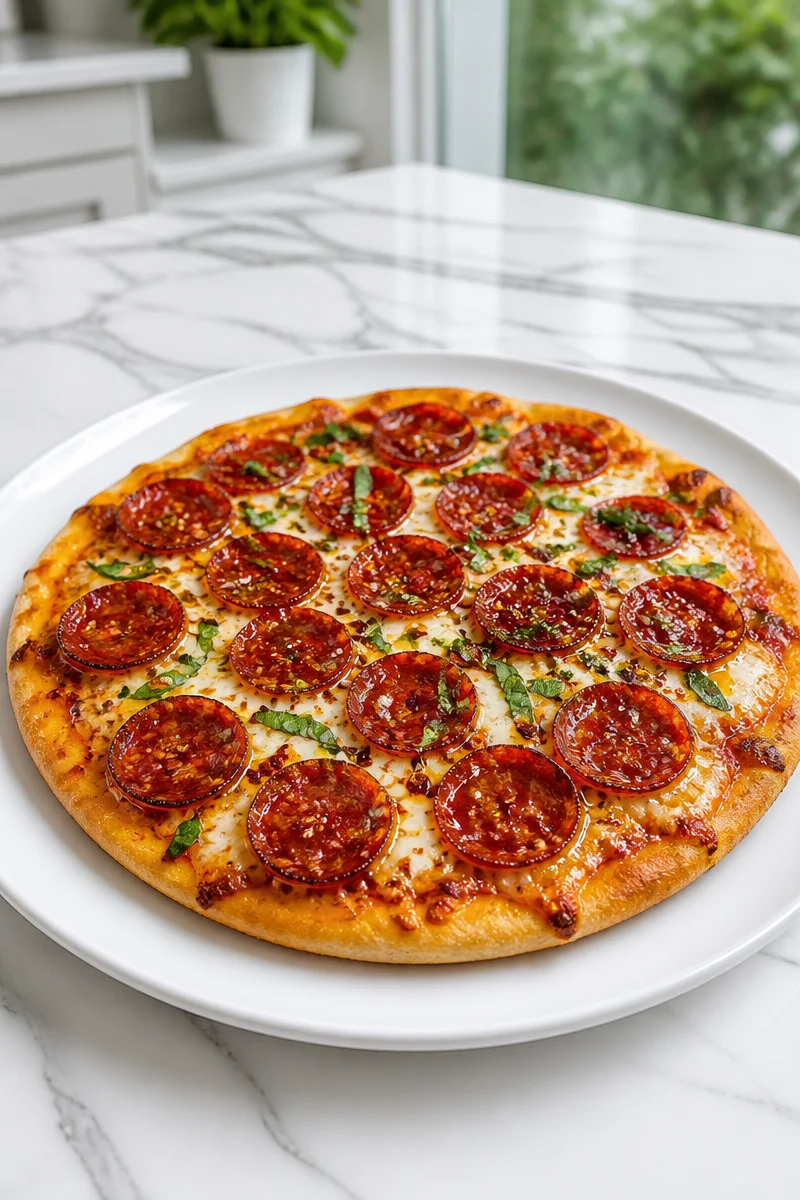 Spicy halal beef pepperoni and hot honey skillet pizza topped with fresh ingredients.