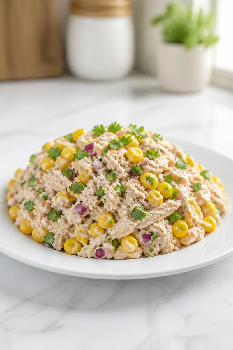 Spicy jalapeno and sweet corn tuna salad served in a bowl