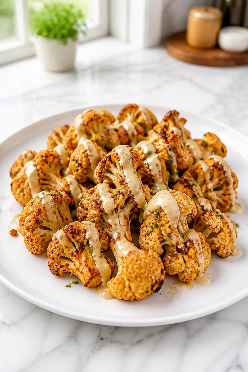 Spicy roasted cauliflower served with garlic tahini sauce on a plate