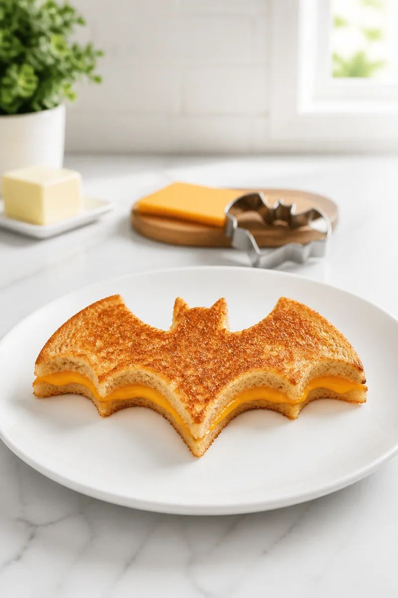 Spooky bat shaped cheese sandwich perfect for Halloween celebrations.