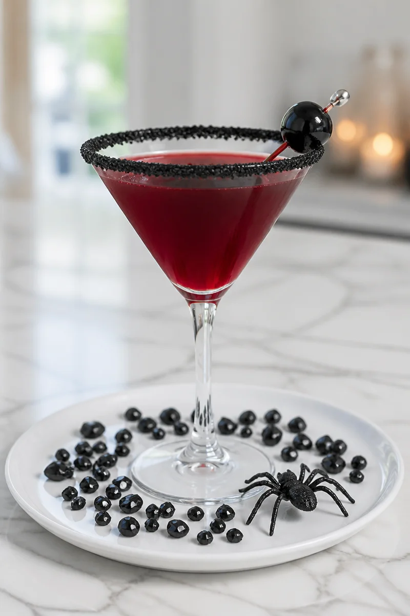 Spooky Black Widow Martini cocktail garnished with spider decorations.