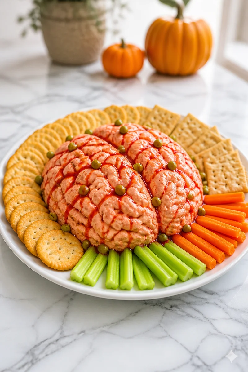 Spooky cream cheese brain dip served in a Halloween-themed setting.