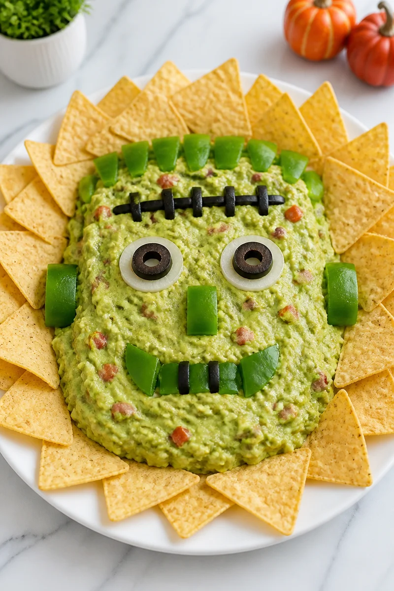 Spooky Frankenstein face guacamole dip served in a Halloween-themed bowl