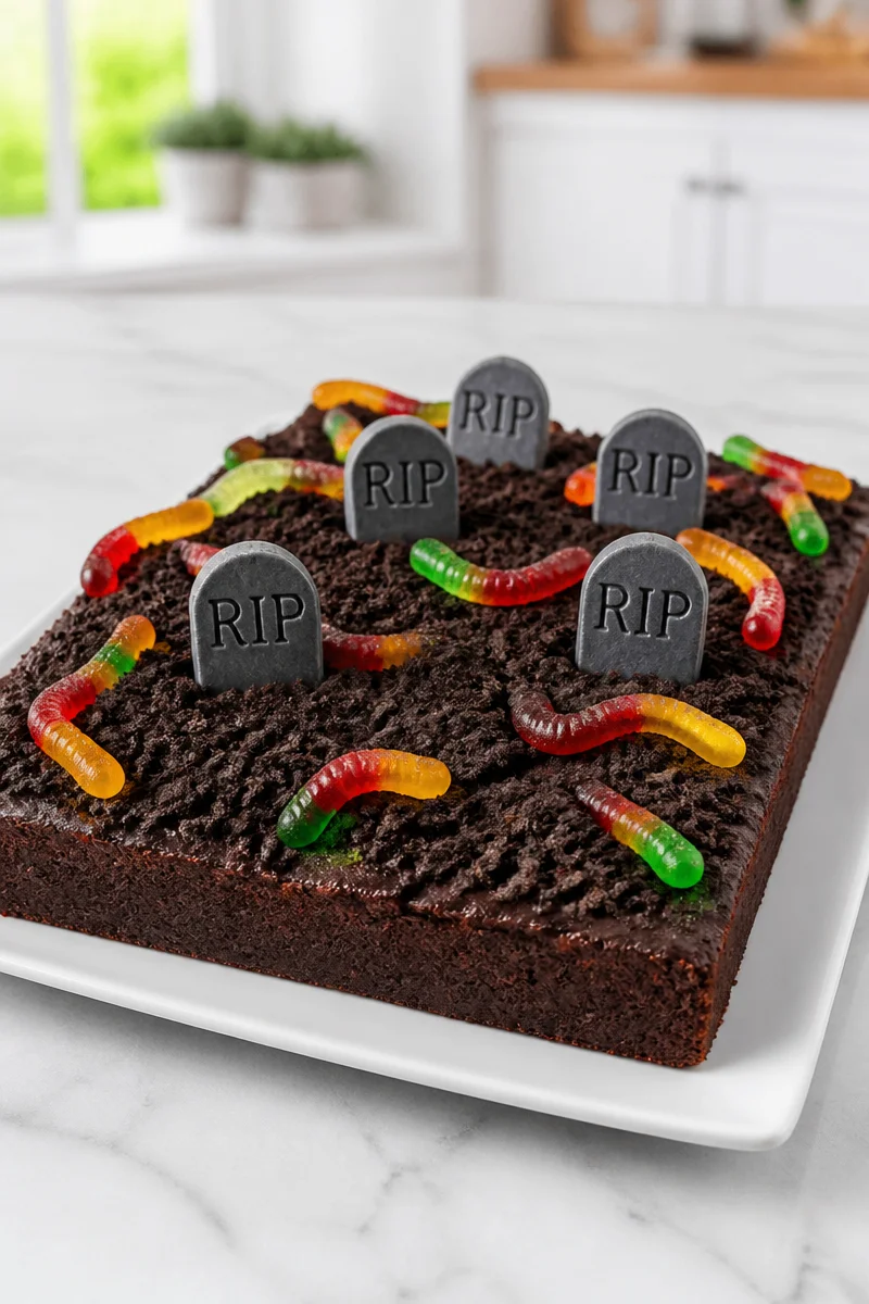 Spooky graveyard chocolate brownie slice decorated for Halloween