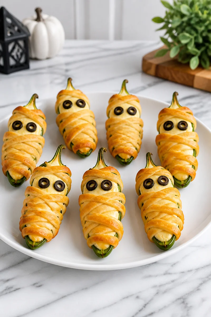 Spooky mummy wrapped jalapeno popper Halloween appetizer