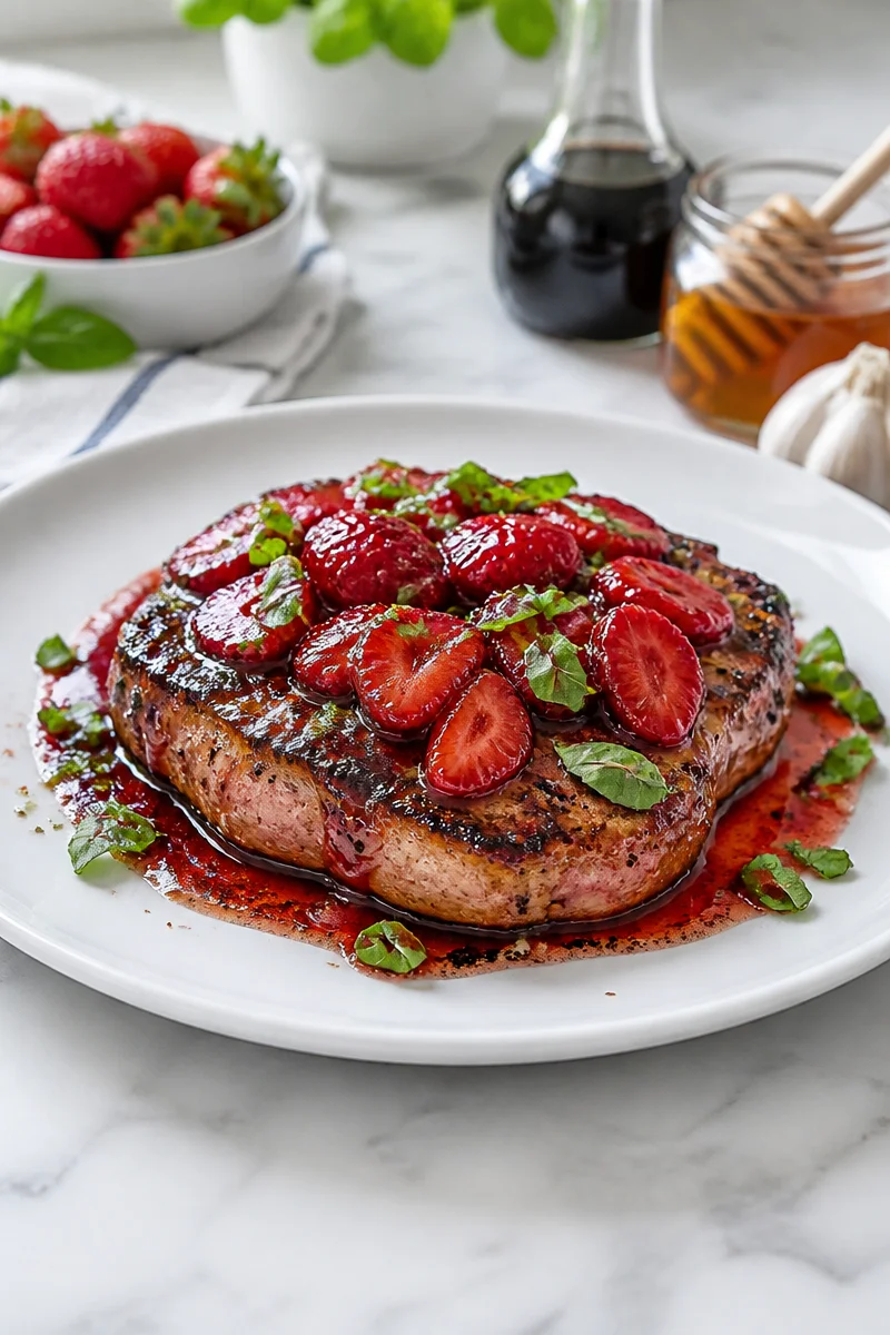 Strawberry balsamic glazed pork chop served on a plate with garnish
