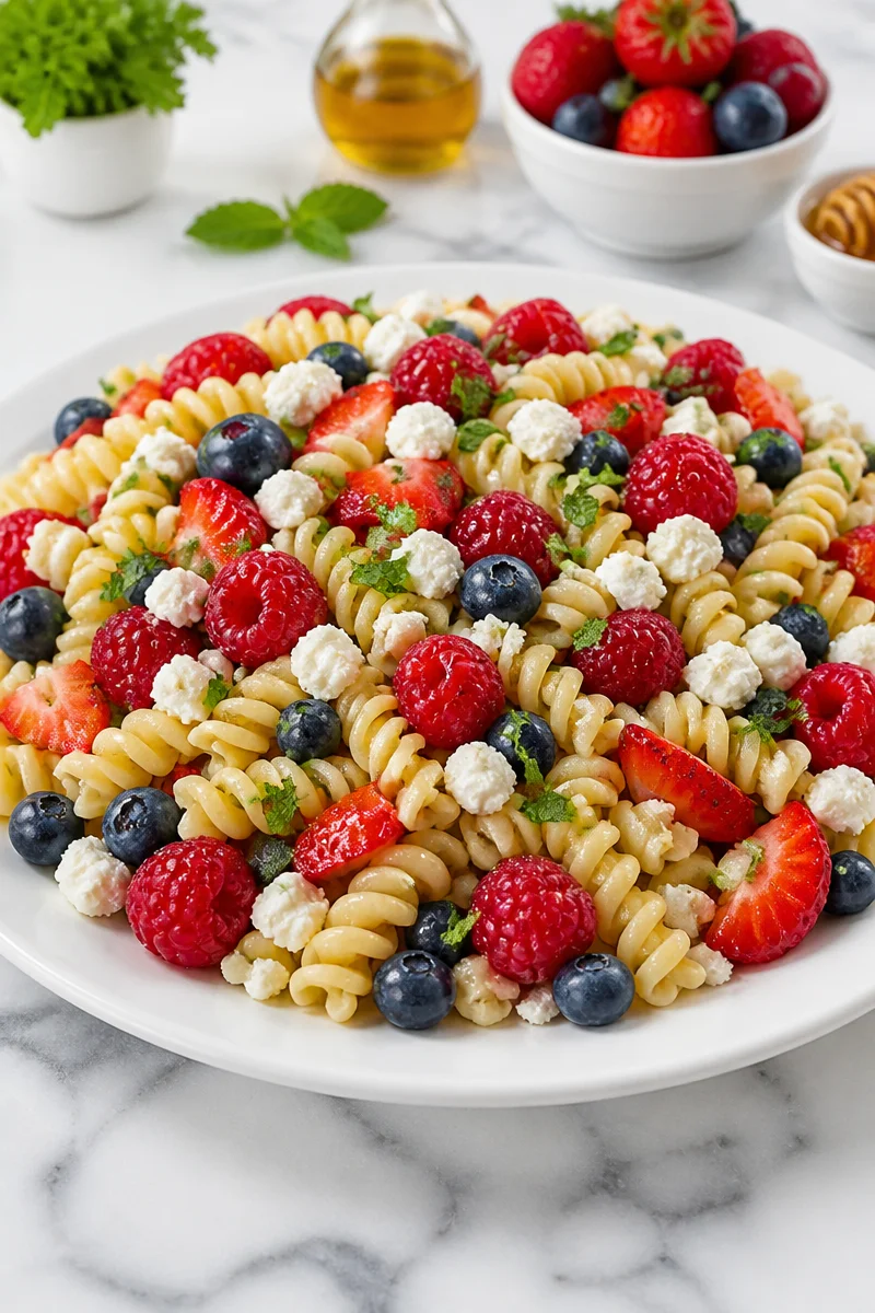 Summer berry pasta salad topped with honey dressing and fresh berries