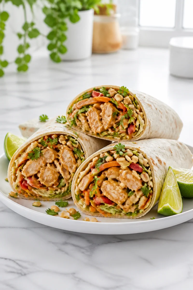 Delicious Sweet and Spicy Thai Peanut Chicken Wrap served on a plate.