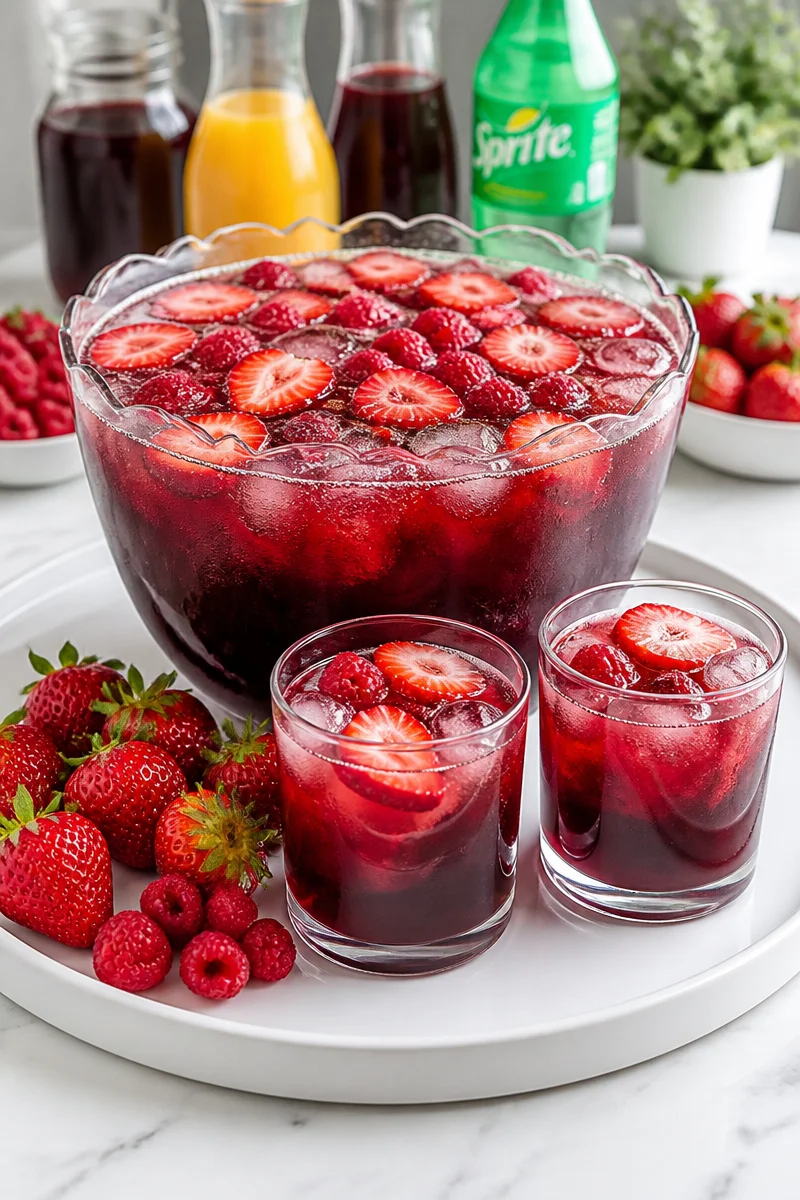 A vibrant vampire fruit punch drink served in a spooky Halloween setting.