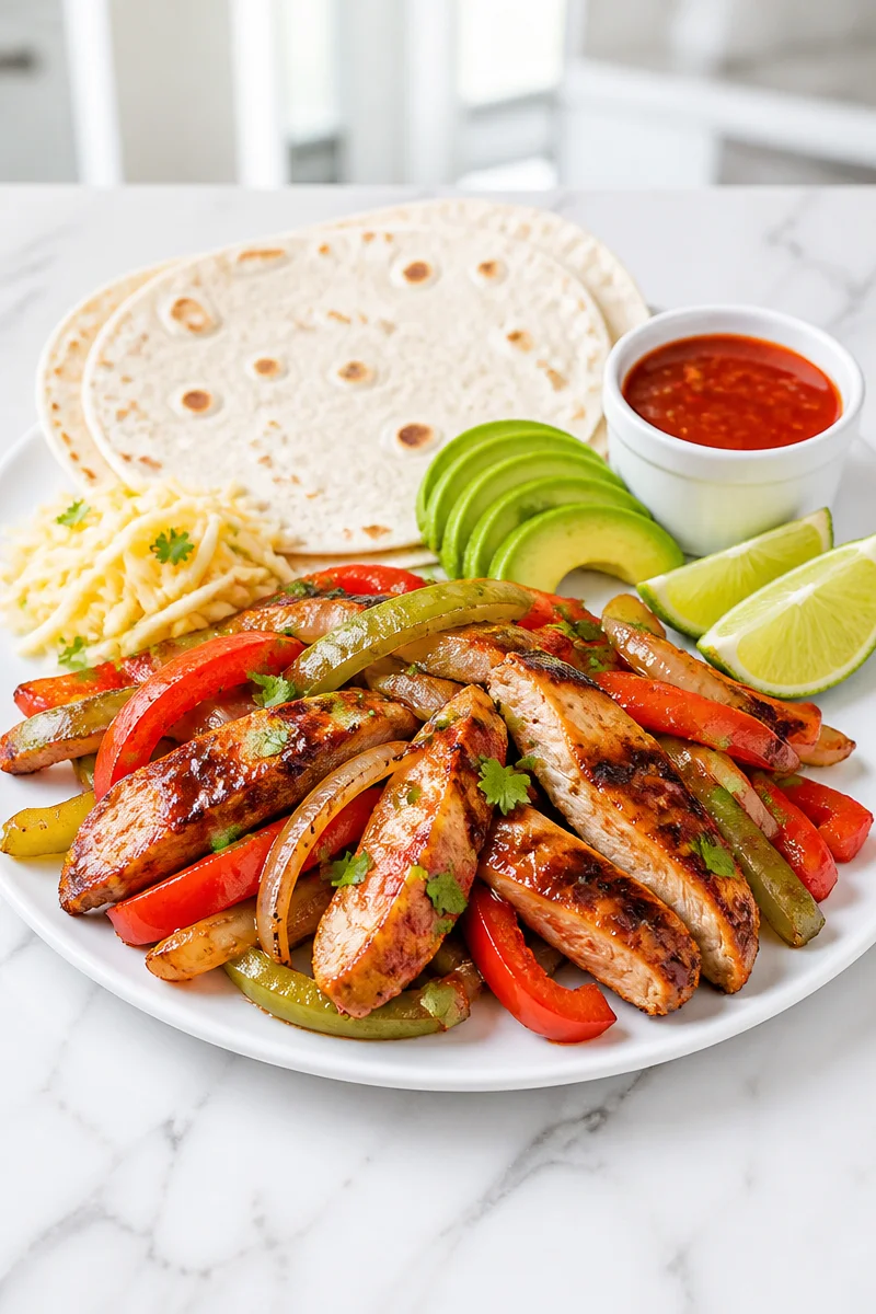 Sweet Chili and Lime Glazed Chicken Fajita served with colorful peppers and tortillas