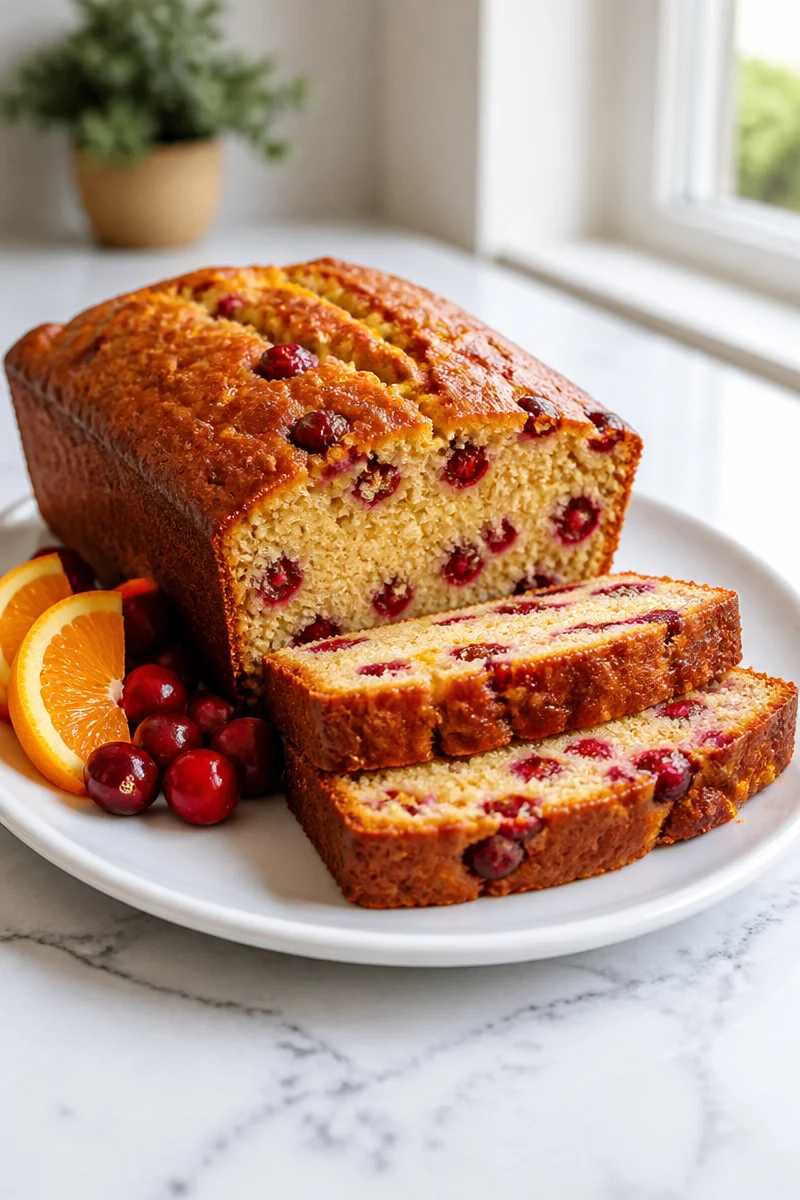 Sweet cranberry and orange zest loaf bread fresh out of the oven