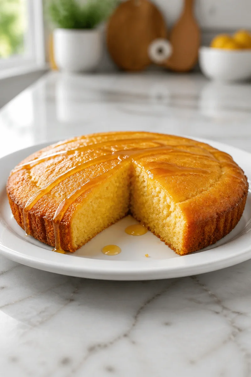 Delicious sweet honey glazed cornbread baked in a cast iron pan