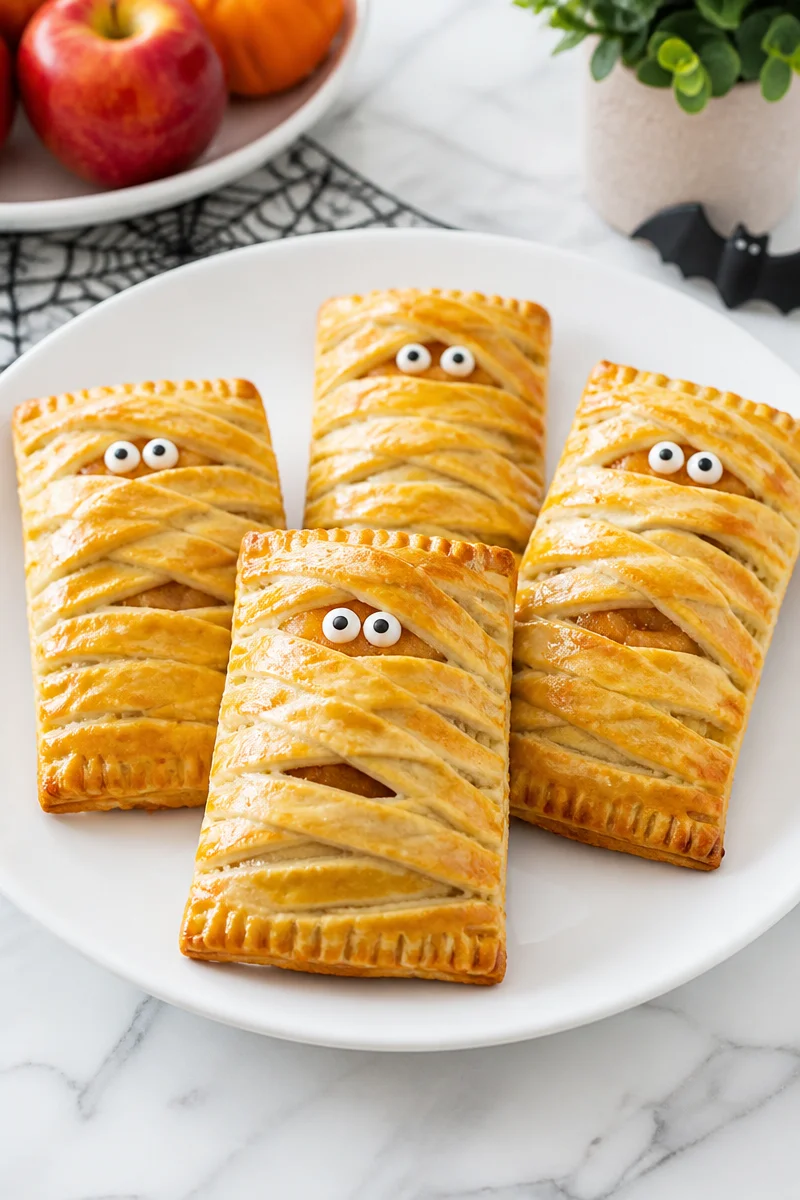 Sweet Spiced Apple Mummy Hand Pie Halloween dessert with spooky designs