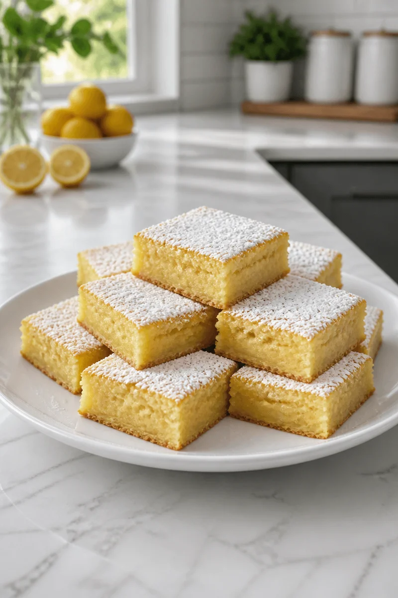Delicious tangy lemon brownies topped with powdered sugar on a plate.