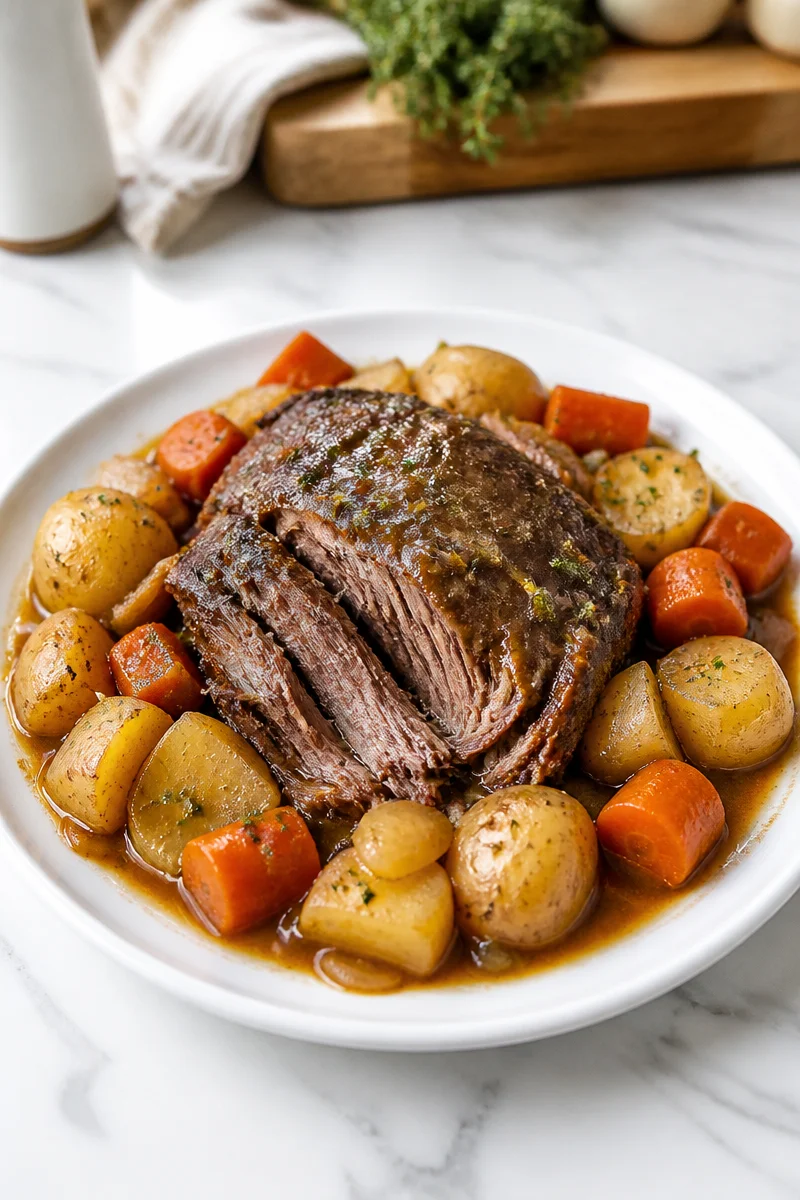 Tender slow cooker beef pot roast served with vegetables