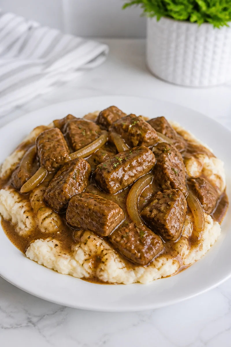 Tender slow cooker beef tip and gravy served with mashed potatoes